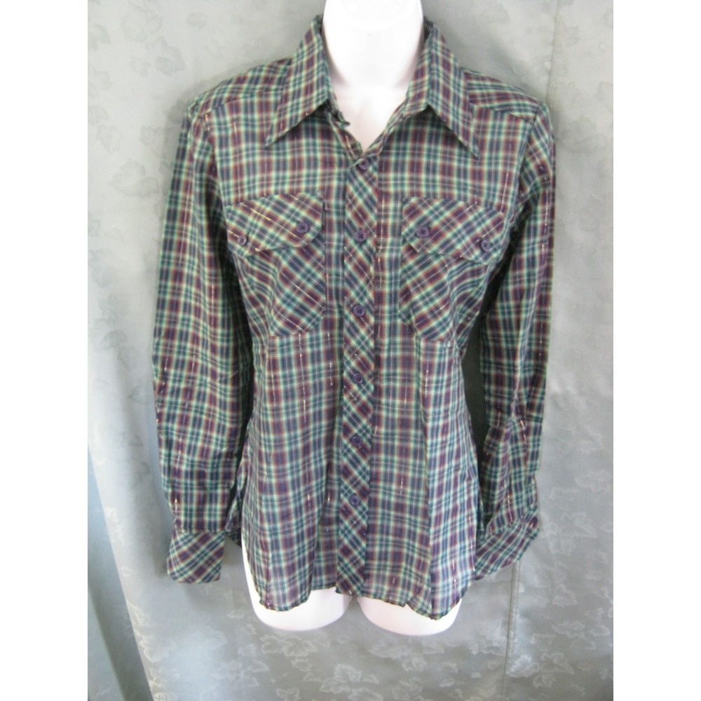 Vintage H.I.S. Women's Shirt Size 9 Blue Green Plaid & Sparkly Gold Metallic